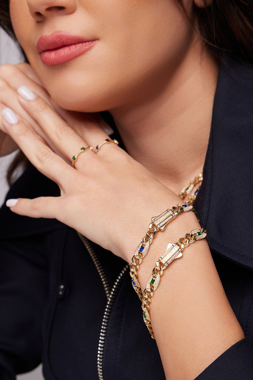 Galeri görünümünde 1 numaralı görseli yükle. RENKLİ TAŞLI ALTIN TAKIM BİLEKLİK